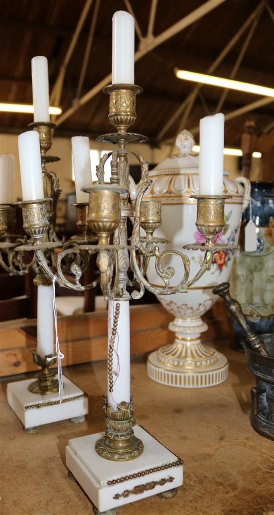 Pair brass mounted white marble candelabra(-)